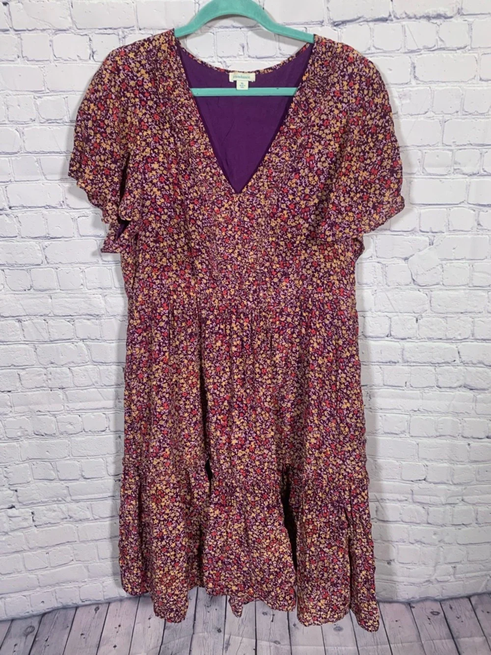 Sundance Womens Catalog Mulberry Crepe V-Neck Floral Midi Dress Ruffle Tiered XL